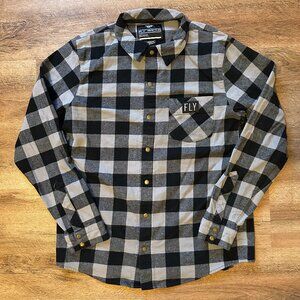 Fly Racing Casual Button Down Mens Med Black & White Plaid Rugged Flannel Shirt